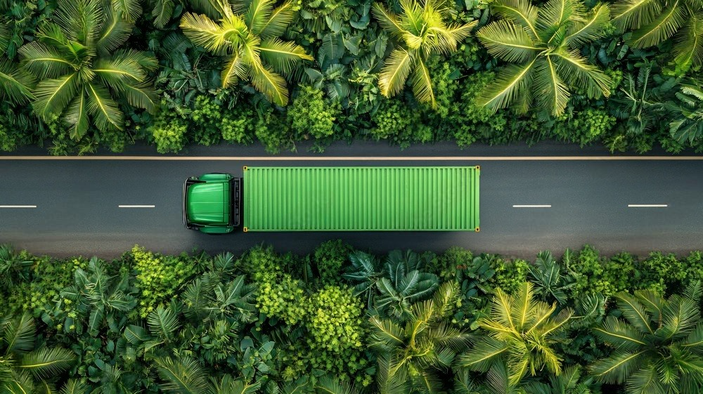 Aerial view of a green container truck driving a road cut through dense tropical foliage